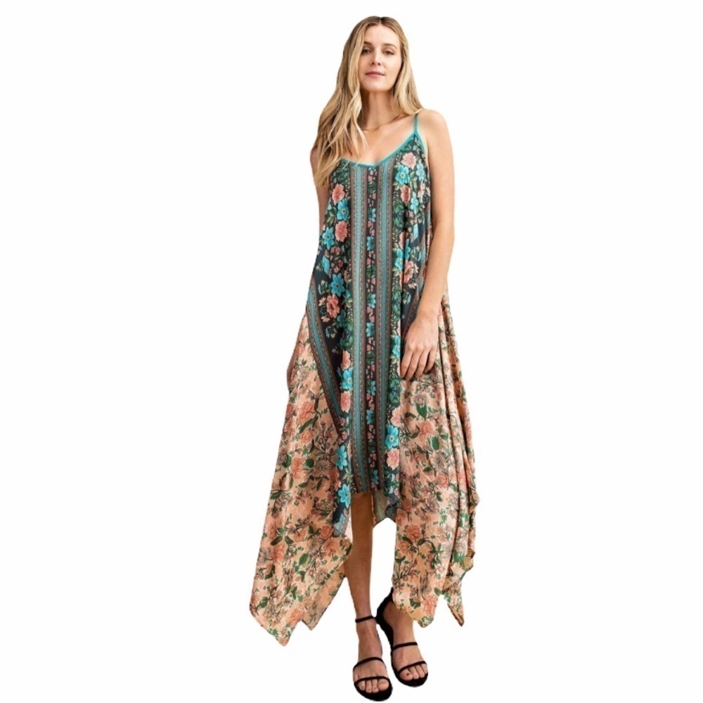 NWT Kori Flower Mixed Dress Handkerchief Hem med
